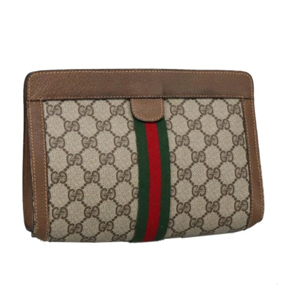 GUCCI GG Plus Supreme web sherry Clutch Bag PVC Leather Beige - Picture 1 of 16